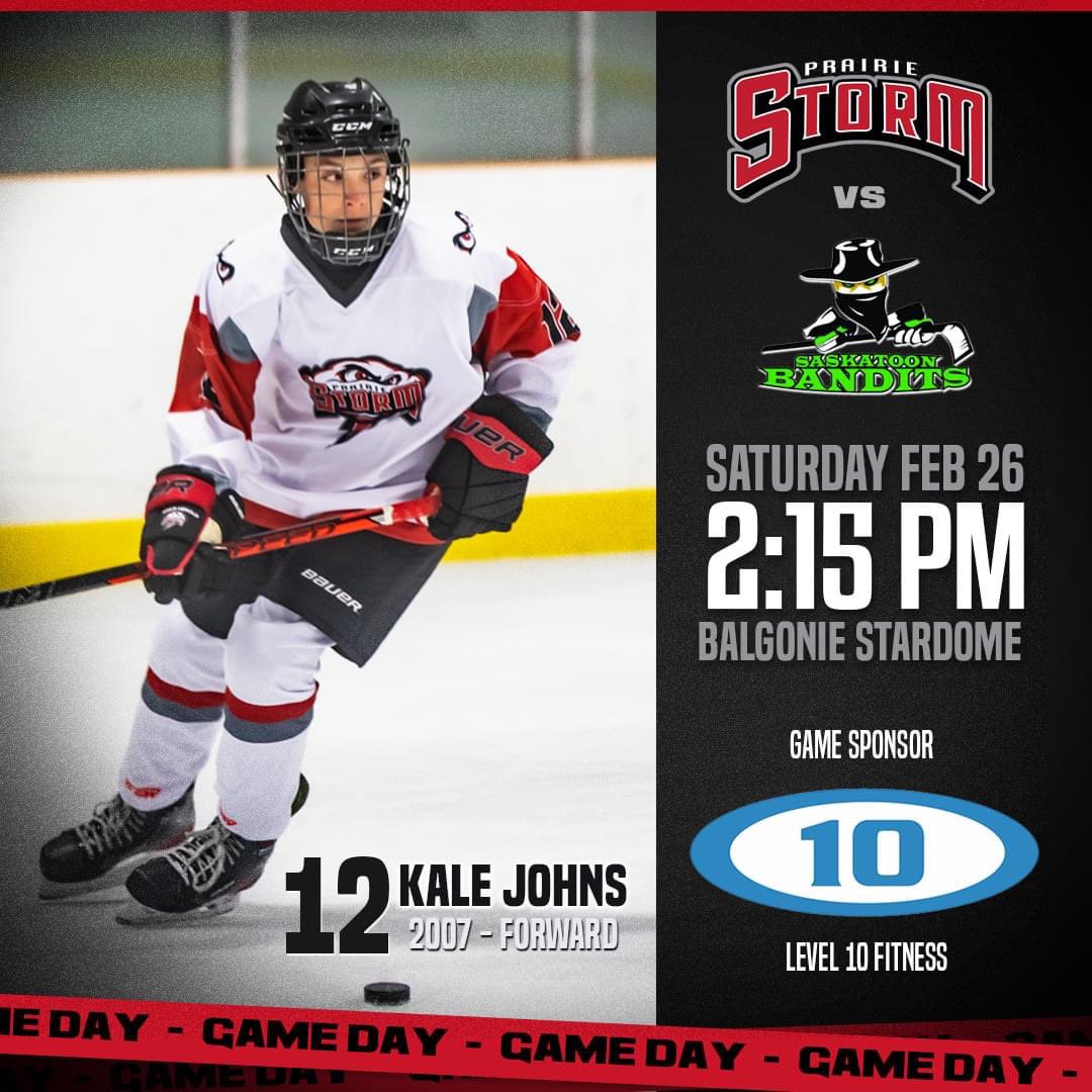 Game Day! Our last regular season home game! Come out to Balgonie and cheer us on as we host the <a href="/TheStoonBandits/">Saskatoon Bandits</a> 2:15 PM puck drop! 

Shout out to long time Prairie Storm U15 AA program partners <a href="/Level10Regina/">Level 10 Regina</a> who look after our players off ice training!