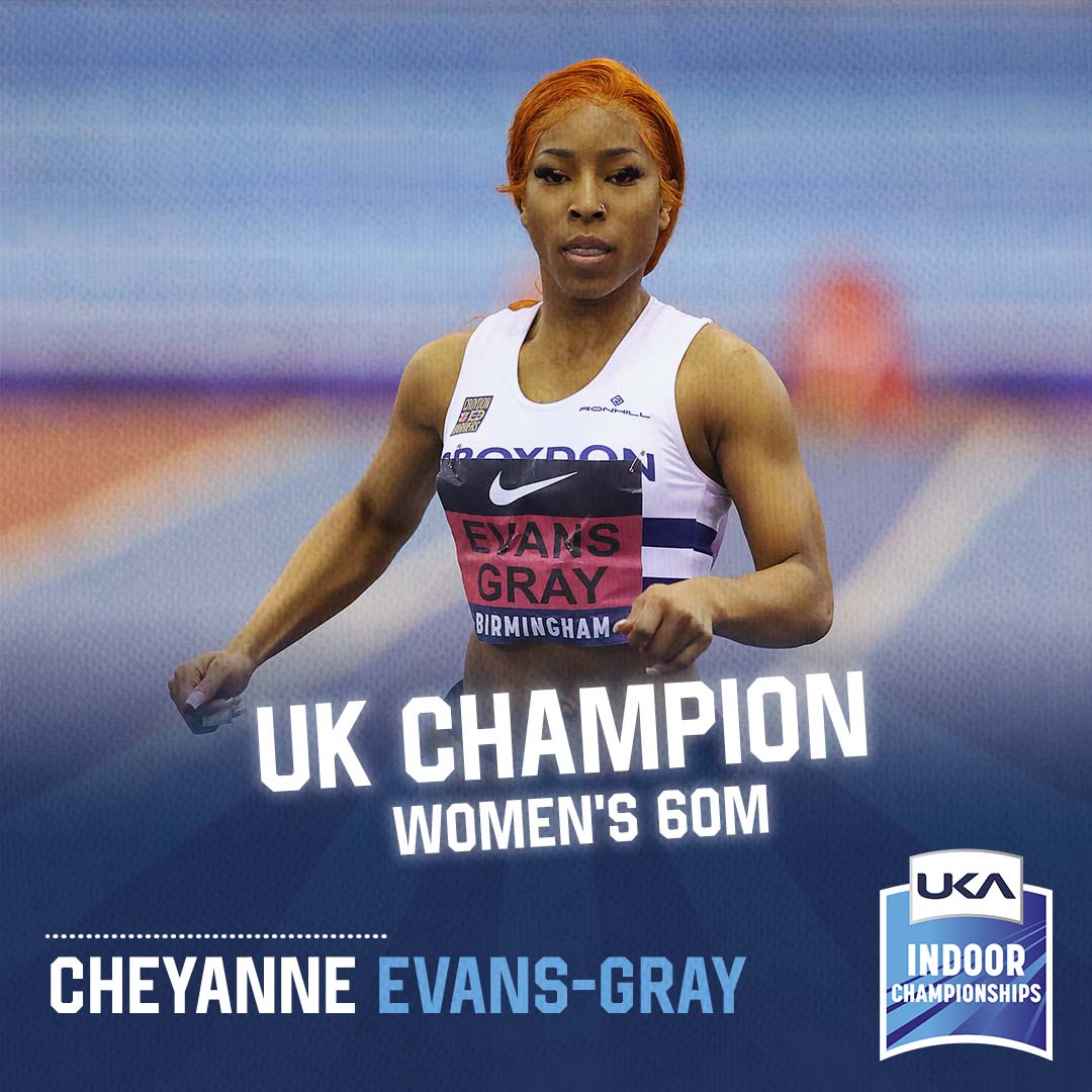 BritAthletics's tweet photo. Cheyanne Evans-Gray wins the Women's 60m 🥇

A time of 7.25s is enough for the 23-year-old to seal her spot at the World Indoor Championships ✈️

@alisha_rees1 claims silver with 7.31 with Kimbely Baptiste (7.33) taking bronze 👏

#UKAIndoorChamps https://t.co/0y8J1WfsvF