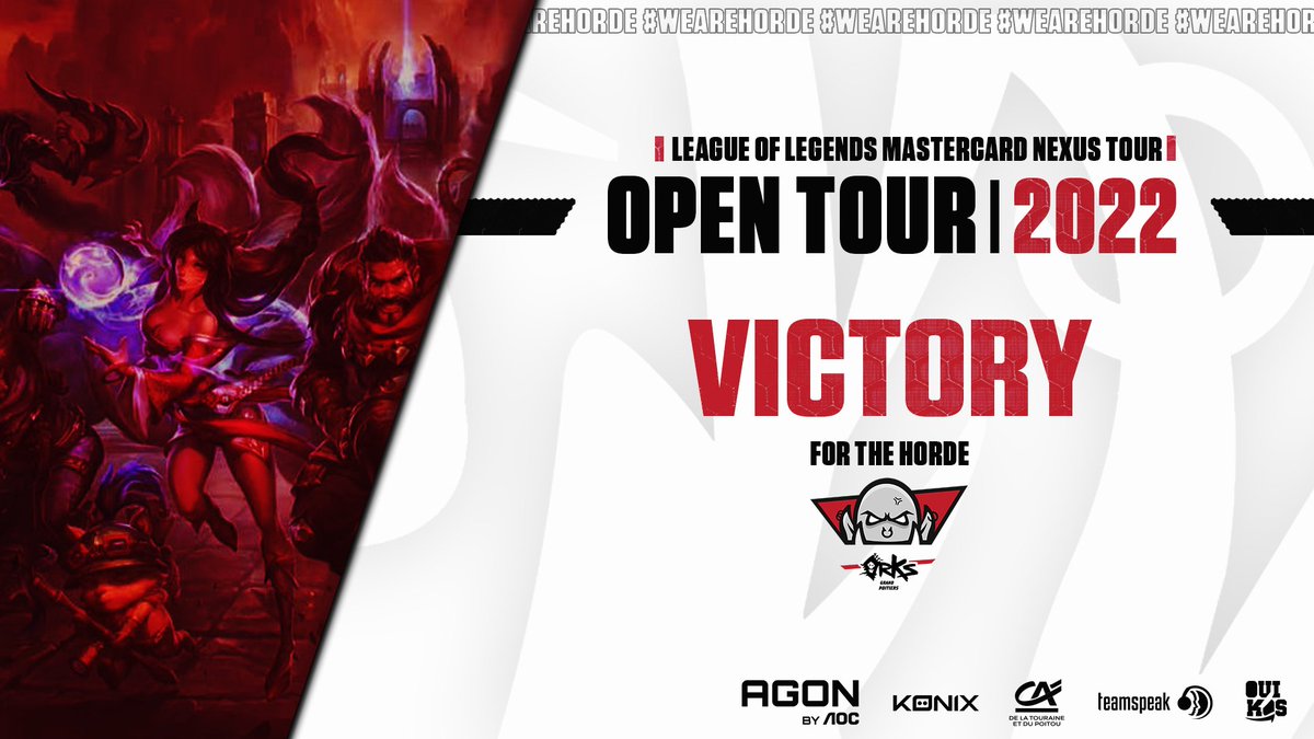 🚨 League of Legends Open Tour 2022 🚨

C'est un grand oui ! 

Deuxième victoire pour notre line-up face à une belle équipe des <a href="/HorYJIN/">HorYjin Esport</a> ! Gg à eux ! 

Est-ce qu'on irait pas chercher une troisième victoire de rang dans cette #MastercardNexusTour ? 👊

#WeAreHorde