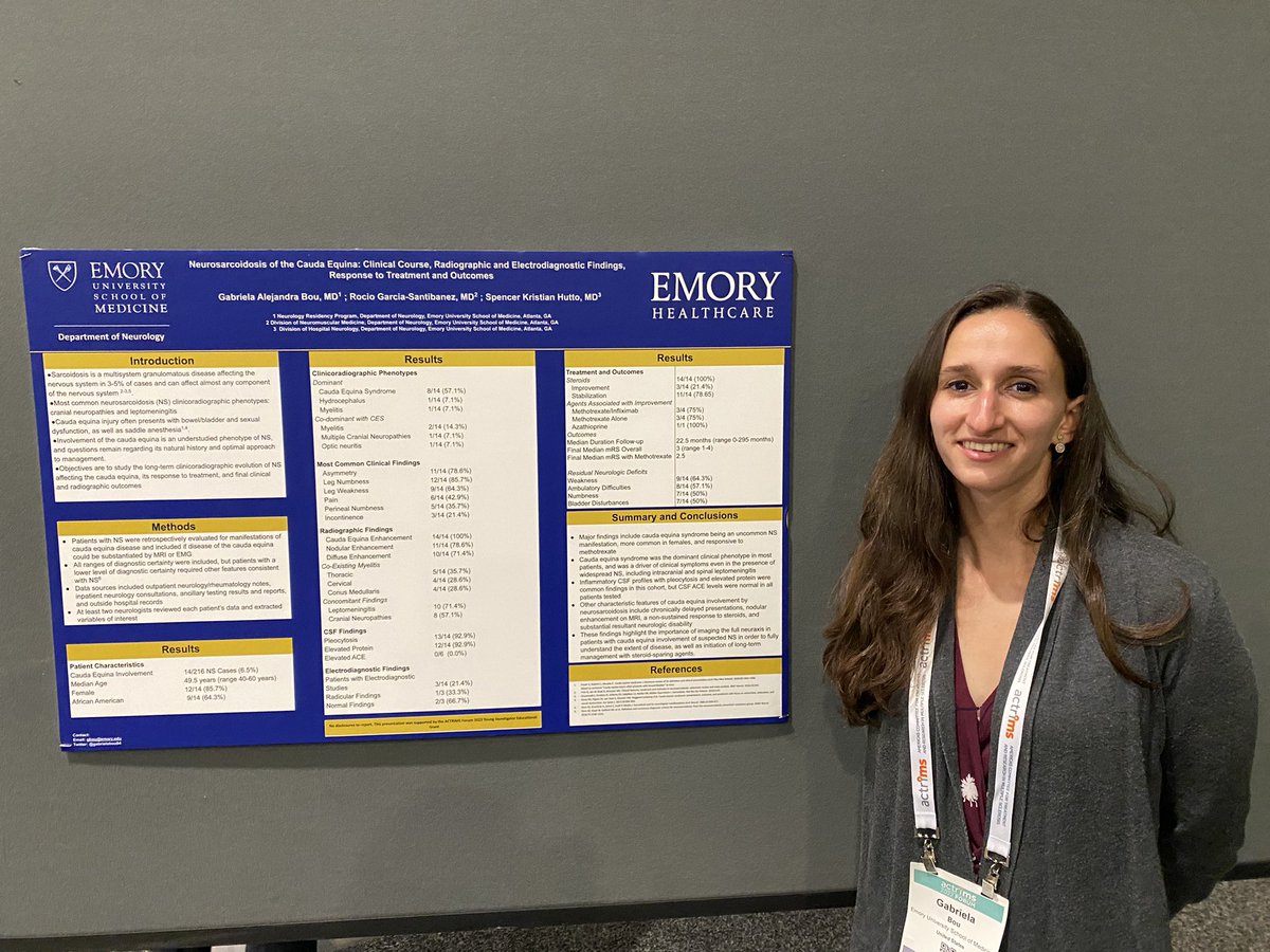 Spencer Hutto, MD (@huttospencer) on Twitter photo So proud of <a href="/EmoryNeurology/">Emory Neurology Residency</a> resident Dr. <a href="/gabrielabou94/">Gabriela Bou, MD</a> for receiving a Young Investigator Award from #ACTRIMS2022 for presenting two abstracts covering our work in neurosarcoidosis and its relationship to stroke and cauda equina syndrome! <a href="/carogsantibanez/">Carolina GS</a> <a href="/EmoryNeurohosp1/">EmoryNeurohospitalists</a> So proud of <a href="/EmoryNeurology/">Emory Neurology Residency</a> resident Dr. <a href="/gabrielabou94/">Gabriela Bou, MD</a> for receiving a Young Investigator Award from #ACTRIMS2022 for presenting two abstracts covering our work in neurosarcoidosis and its relationship to stroke and cauda equina syndrome! <a href="/carogsantibanez/">Carolina GS</a> <a href="/EmoryNeurohosp1/">EmoryNeurohospitalists</a>