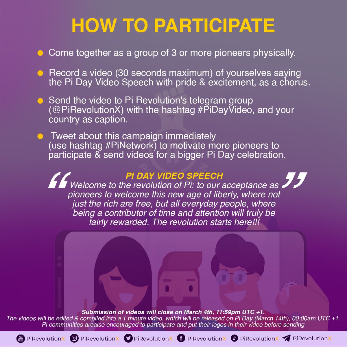 PiNetworkNews1's tweet photo. For Pi Day, we want to celebrate #PiNetwork's 30m+ pioneers with a special video. We are calling on pioneers globally to send in videos to make this a celebration of Pi's greatest asset - the community. Check flyer &amp; RETWEET

⬇️Pi Revolution Telegram Group
https://t.co/fUDsLLzYM9 https://t.co/ptSxsrwCYq