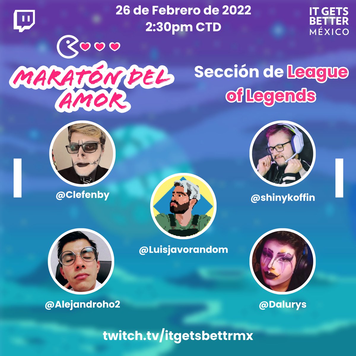 ItGetsBetterMx's tweet photo. 🟣 ¡Es hoy! Tenemos una cita a las 12pm CT (Hora del Centro) en nuestro canal de @TwitchLatam para el Maratón del Amor! Porque lo celebramos todo el mes (y todo el año 🙃). 🌈

¡Checa al talento streamer LGBTQ+ que nos acompañara por 12 horas! 

🔗: https://t.co/JIcH9TG3sy https://t.co/8zp5i8IVYK