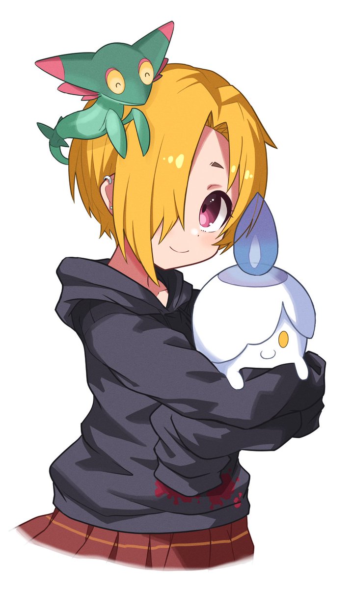 shirasaka koume 1girl pokemon (creature) blonde hair crossover pokemon on head smile hood  illustration images