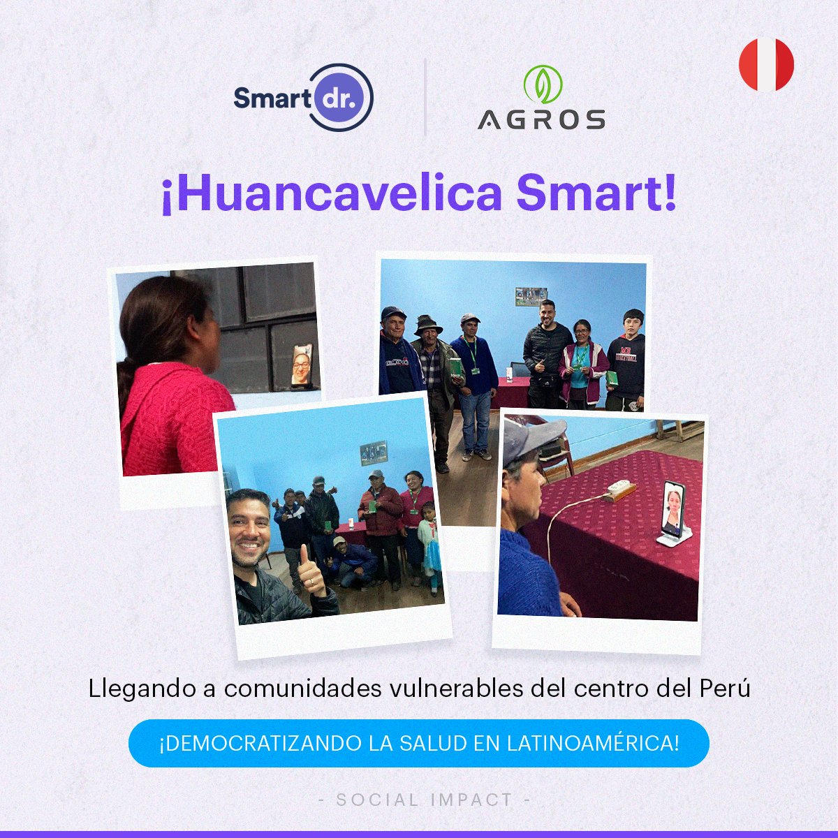 #SmartDoctor | ¡Huancavelica empieza un camino digital de salud! 🚀💜

Gracias a #AGROS y la identidad digital de los productores, podemos llegar a comunidades vulnerables del centro del país para priorizar su atención en Medicina general, psicología y otras especialidades.👩‍⚕️🌎