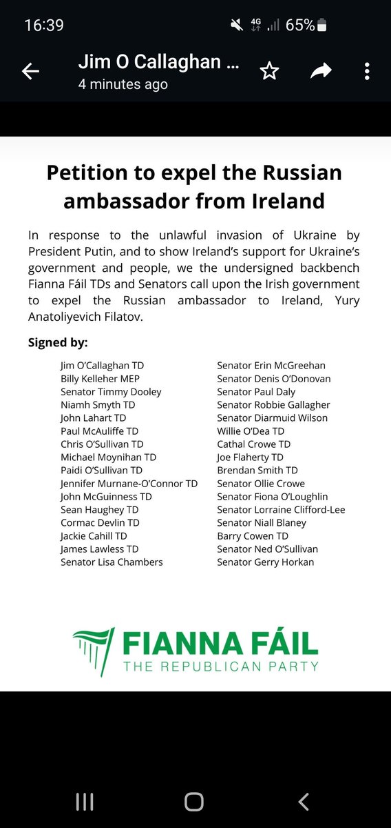McConnellDaniel's tweet photo. A large number of @fiannafailparty TDs Senators and MEPs add their names for Russian Ambassador to be expelled from Ireland.
See the full list below https://t.co/gTvaKLahBq