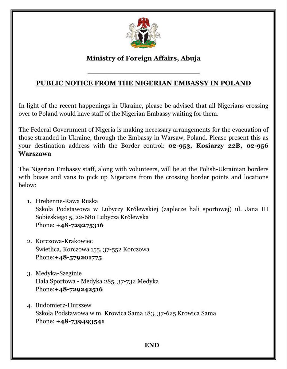 IMPORTANT NOTICE FROM NIGERIAN EMBASSY IN POLAND. Retweet and inform your friends and relatives stranded in Ukraine. #UkraineWar #HelpUkraine #UkraineRussia