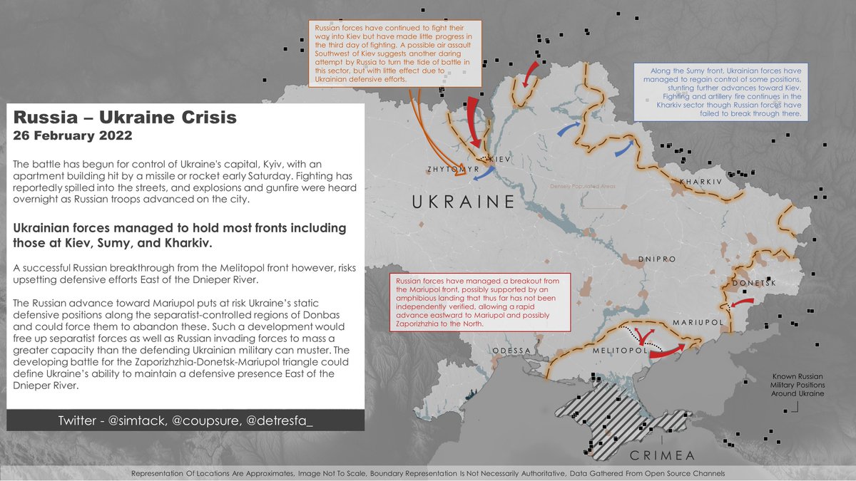 COUPSURE's tweet photo. We've been following the third day of Russia's invasion of Ukraine with @detresfa_ and @SimTack. The battle for Mariupol is nearing, troops and equipment are now approaching the city. Ukraine is holding up well in #Kyiv and Kherson.

#RussiaUkraineWar https://t.co/Jgdr1tRl5q