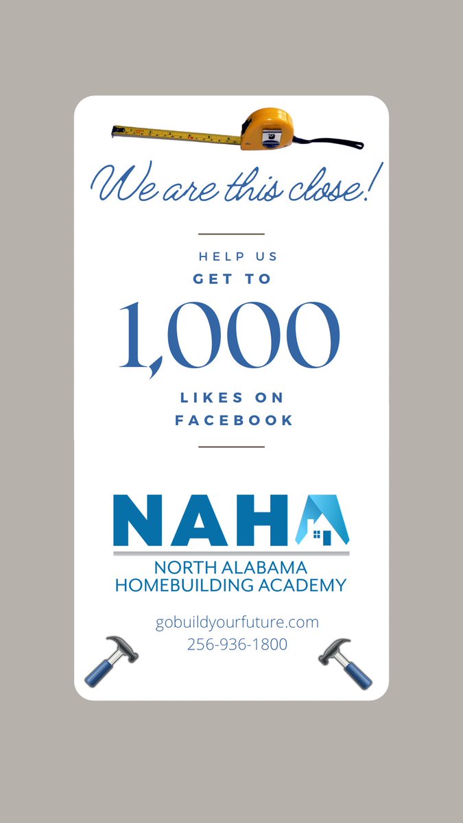 We need just 1️⃣ more like to reach 1,000! The more likes we get = the more exposure we have = the more community members we can help! 
Learn more about NAHA ➡️ gobuildyourfuture.com! #NAHA #tradeschool #carpentry #electrical #hvac #plumbing