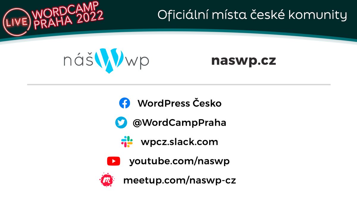 Za dvě minuty nás čeká závěrečné slovo následované afterparty. 

Přijďte. Budeme se těšit.

A děkujeme, doufáme, že jste si to dnes užili stejně jako my!

#WordCampPraha
