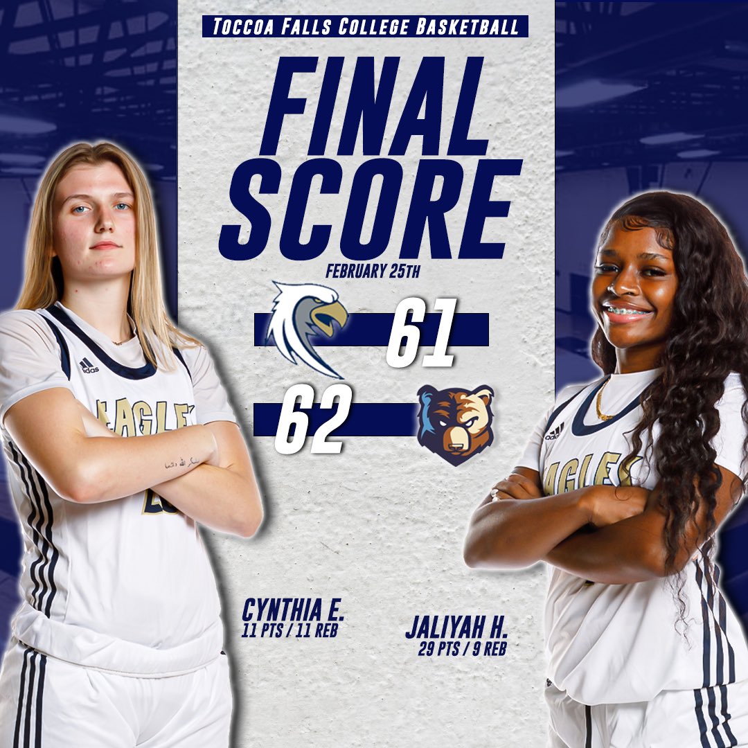 Here’s the score from last night’s game against Bob Jones University for the NCCAA South Regional Tournament Semi-Finals. A special shoutout to Jaliyah &amp; Cynthia for leading our team last night. This concludes our season and we are so thankful for your support! #SoarTogether🦅🏀
