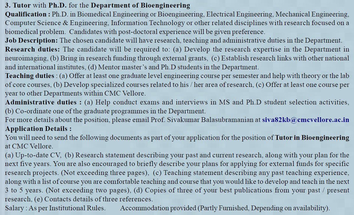 siva82kb's tweet photo. We have an open faculty position in Bioeng @ CMC Vellore. An ad for a Tutor position is now out in the CMC weekly news (Feb 21)! Do you enjoy inter-disciplinary work with clinicians and patients? Bioengg @ CMC Vellore is a great place for this. Get in touch to know more. https://t.co/uMDsb6vwJi
