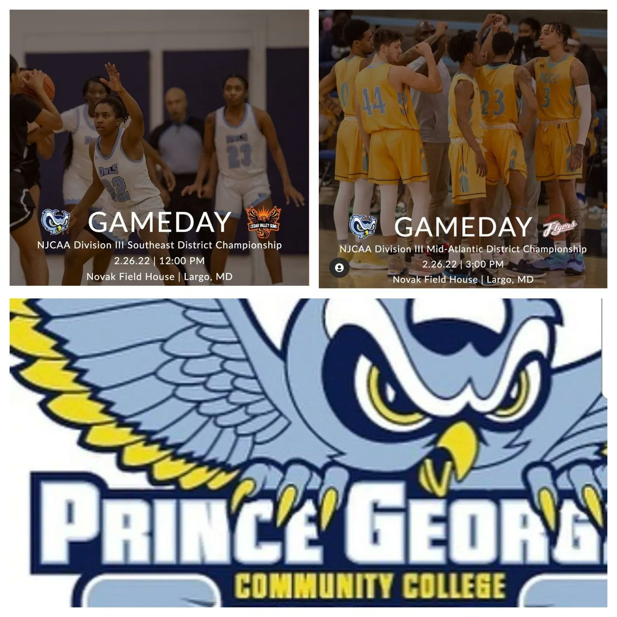 Prince George's Community College has the good fortune of HOSTING the Distict rounds today. Women host Dallas College -Cedar Valley at 12 noon. Men will then host  Sandhills Community College at 3pm. Victory today propels them to the National Championships rounds! LET'S GO OWLS🦉