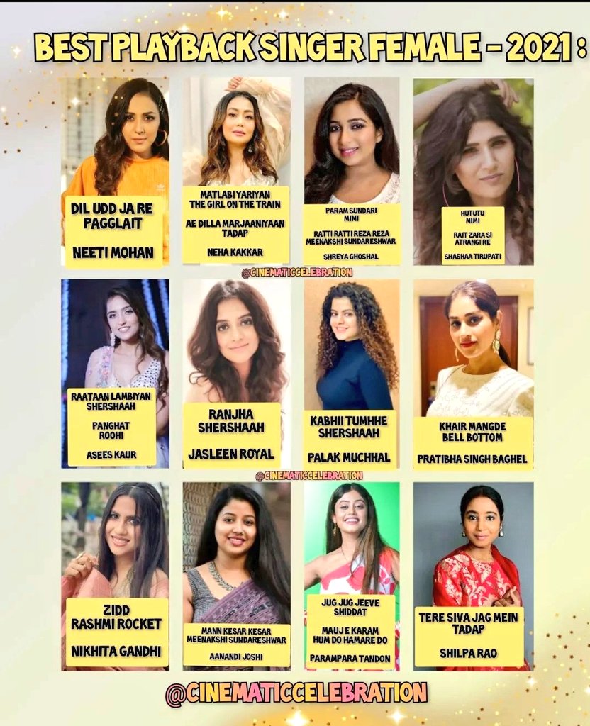 Sush36068856's tweet photo. The queen of Indian music industry ππ₯π₯
.
@shreyaghoshal
.
Best Playback Singer Female- 2021π₯³
.
#ShreyaGhoshal
#paramsudari
#Bollywood #singers #Teamshreya #Sgfamily #Sgians π€π€π€ https://t.co/JFdPFwKcWc