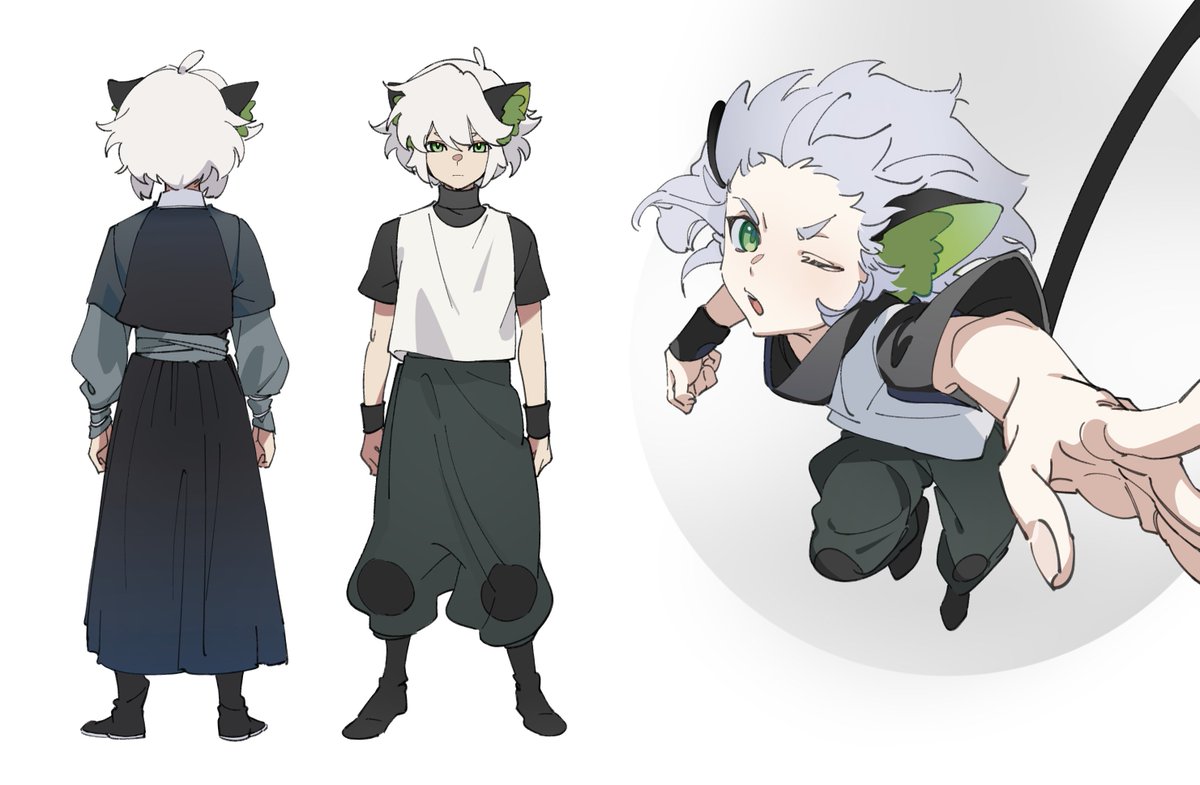 luoxiaohei multiple views cat ears animal ears green eyes cat boy short sleeves white hair  illustration images