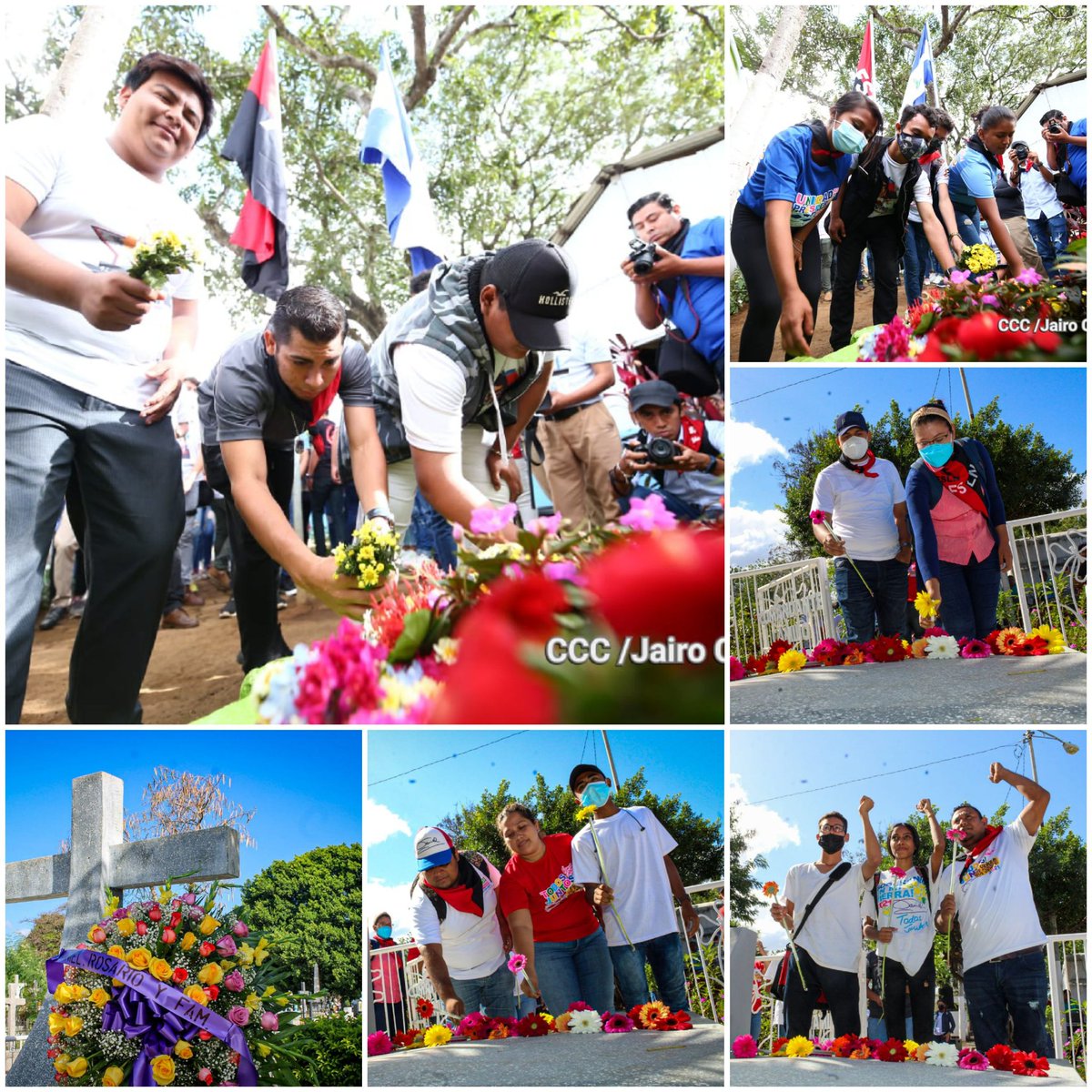 #Nicaragua  📍Juventud Sandinista 19 de Julio ❤🖤coloca Ofrenda Florale en Homenaje al Cmdte. Camilo Ortega Saavedra, Apóstol de la Unidad✊ Sandinista en el Cementerio General‼️

#MonimboHeroicaNicaragua