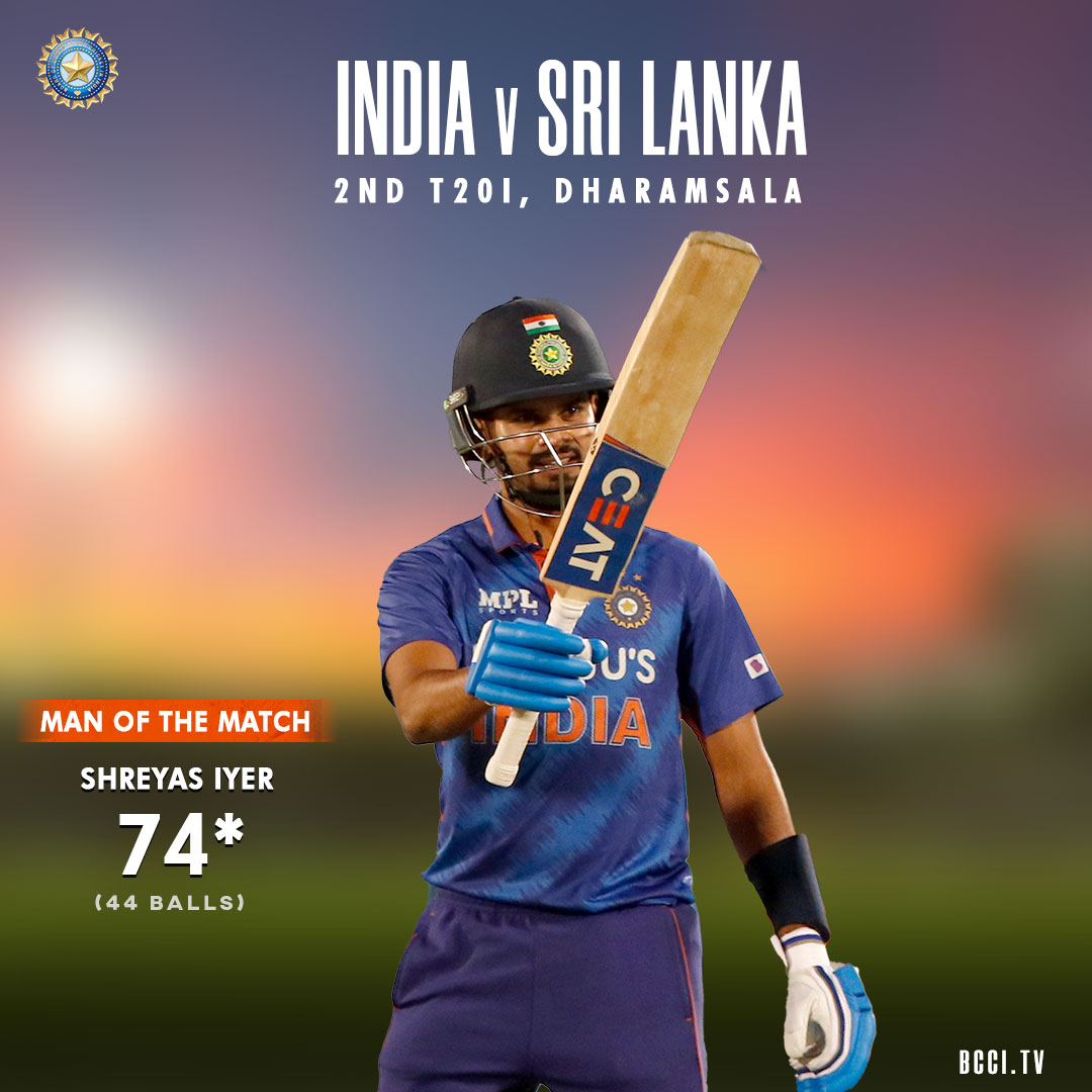 BCCI's tweet photo. Shreyas Iyer is awarded Man of the Match for his match-winning knock of 74* off 44 deliveries 👏👏

@Paytm #INDvSL https://t.co/afaxCVClac