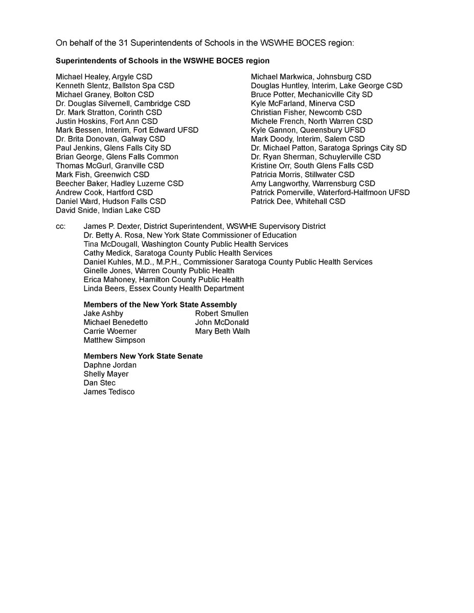 With less than 2 days before the return to classes from the mid-winter break, 31  @wswheboces school superintendents, urged <a href="/GovKathyHochul/">Governor Kathy Hochul</a> and <a href="/DrMaryTBassett/">Dr. Mary T. Bassett</a> to implement @CDC recommendations relating to schools.