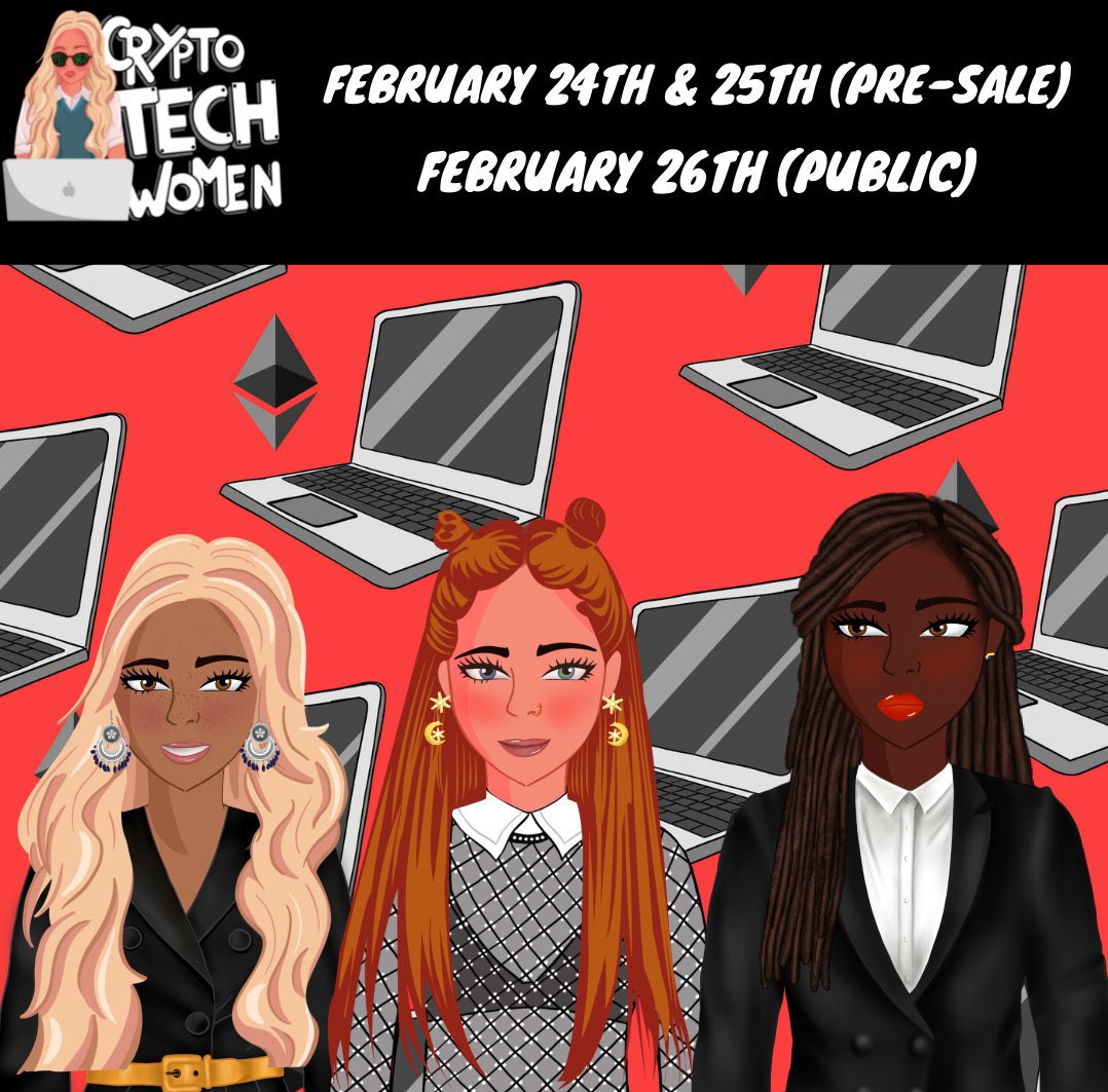 PUBLIC SALE IS NOW LIVE 🎊

Where can you mint? cryptotechwomennft.com 😍

What’s our public sale price? 0.07ETH

Token holders perks? 
🚀IRL events
🚀Friends minting before 15% sales milestone enter a raffle
🚀Exclusive access to a web3 bootcamp
🚀IP Rights
🚀 Community Funds