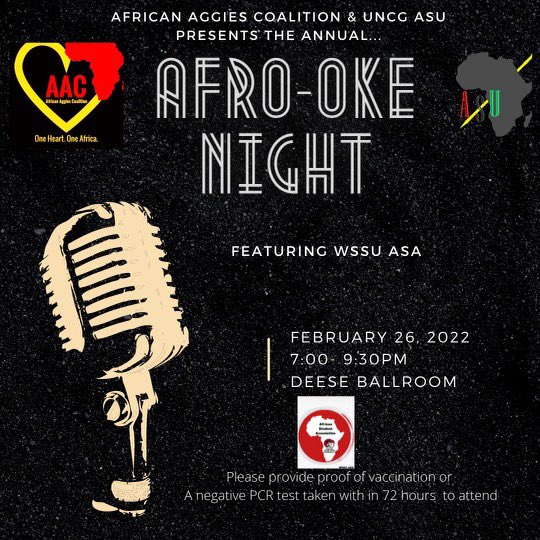 AfricanAggies's tweet photo. Join us for a fun night of karaoke… Afro style TONIGHT in the Deese ballroom!! Snacks will be provided as well https://t.co/IvKh0qirUw