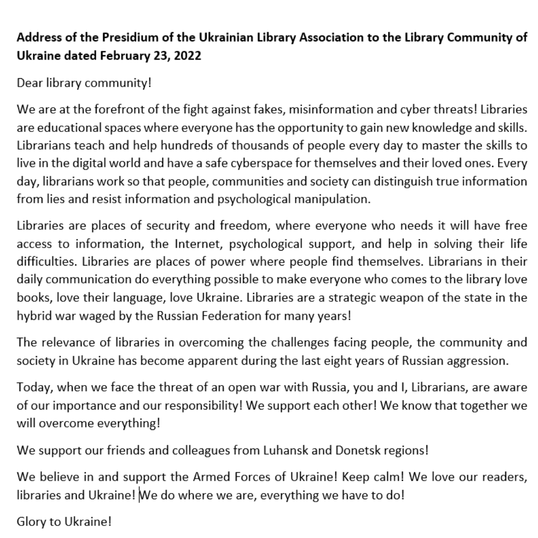 fhayesmccoy's tweet photo. Please share this statement from the Presidium of the Ukranian #Library association to the Library Community of #Ukraine 🌻🇺🇦🌻📚🇺🇦🌻
#writerscommunity #AuthorsOfTwitter #libraries #librarians #books @MichaelRosenYes @ALCS_UK @KyivIndependent @writing_ie @ROSBookClub @LAIonline https://t.co/vNyH3Uw2FH