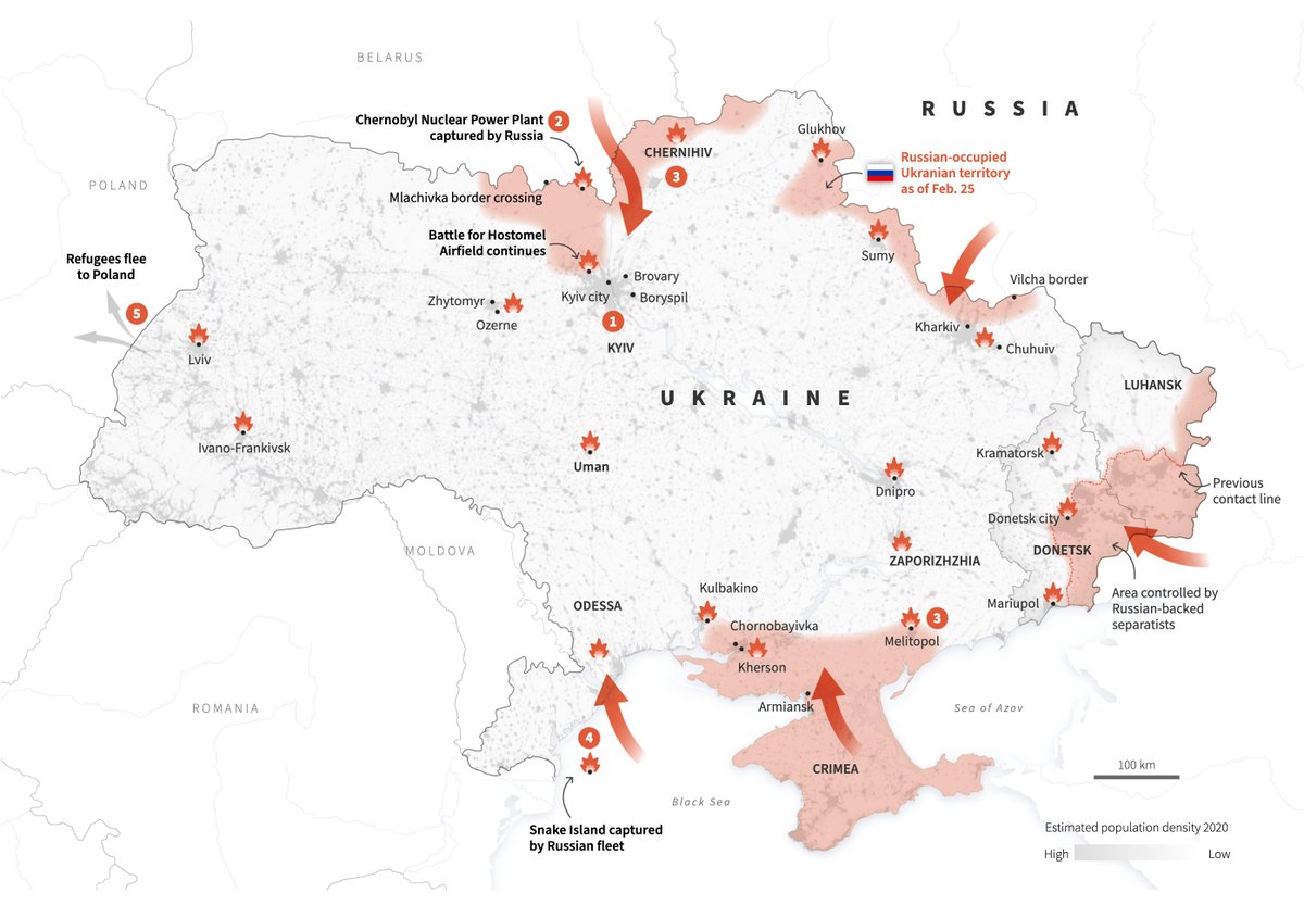 Da_Pacific's tweet photo. A defiant President Volodymyr Zelenskiy said on Saturday that the capital Kyiv remained in Ukrainian hands, while Russian forces battered Ukrainian cities for a third day running.

Check out the latest @ReutersGraphics coverage https://t.co/VxwH5taCMu https://t.co/1NJJeq2dqa