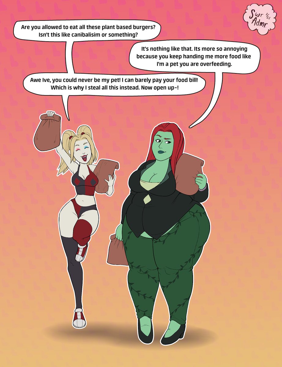 SweetnessAdmir1's tweet photo. This was a com for @Tr4shyWrites with Harley Quinn being a devious feeder for Poison Ivy. This 2as a fun sequence I hope you all enjoy! (1/2) #HarleyQuinn #PoisonIvy #bbw #weightgain #fatart #wg #nsfw https://t.co/w38ze0WU8e