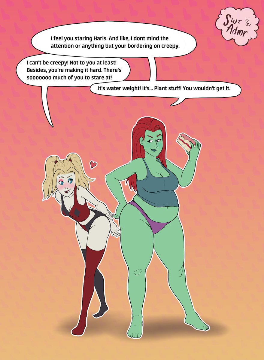SweetnessAdmir1's tweet photo. This was a com for @Tr4shyWrites with Harley Quinn being a devious feeder for Poison Ivy. This 2as a fun sequence I hope you all enjoy! (1/2) #HarleyQuinn #PoisonIvy #bbw #weightgain #fatart #wg #nsfw https://t.co/w38ze0WU8e
