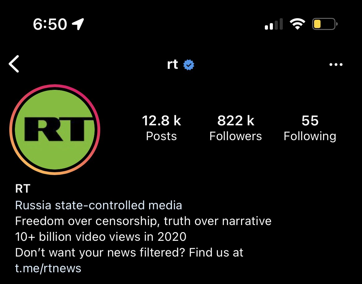 WZylm's tweet photo. Nie wiem, czy to nowość, ale Instagram oznacza konta mediów, które są pod kontrolą państwa. Przykład - Rosja 👇 https://t.co/l9JcNeRNx0