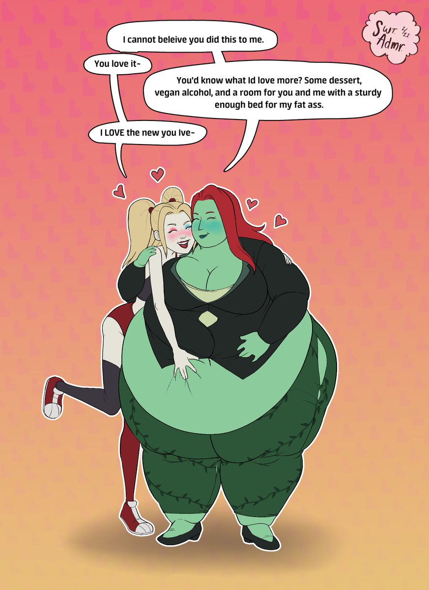 SweetnessAdmir1's tweet photo. This was a com for @Tr4shyWrites with Harley Quinn being a devious feeder for Poison Ivy. This 2as a fun sequence I hope you all enjoy! (1/2) #HarleyQuinn #PoisonIvy #bbw #weightgain #fatart #wg #nsfw https://t.co/w38ze0WU8e