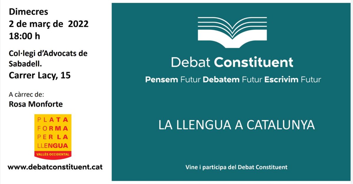 🟨Debat Constituent proposa la xerrada:
👉LA LLENGUA A CATALUNYA
👉Amb Rosa Montforte
◾️2 de març
◾️De 6 a 7
◾️Col·legi d'Advocats de Sabadell (Lacy, 15)
◾️Organitza, Plataforma per la Llengua