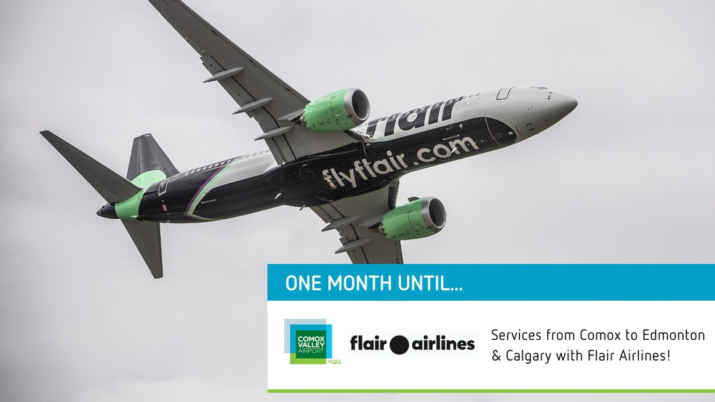 FlyYQQ's tweet photo. The countdown is on: only one month until @FlairAirlines will begin their services from Comox to Edmonton and Calgary. Who's excited? 🙌✈️

You can book your tickets now on https://t.co/OjbOuRyqsP 🎉

#FlyYQQ #Flair #VancouverIsland #ExploreBC https://t.co/Xrl4JQO5cl