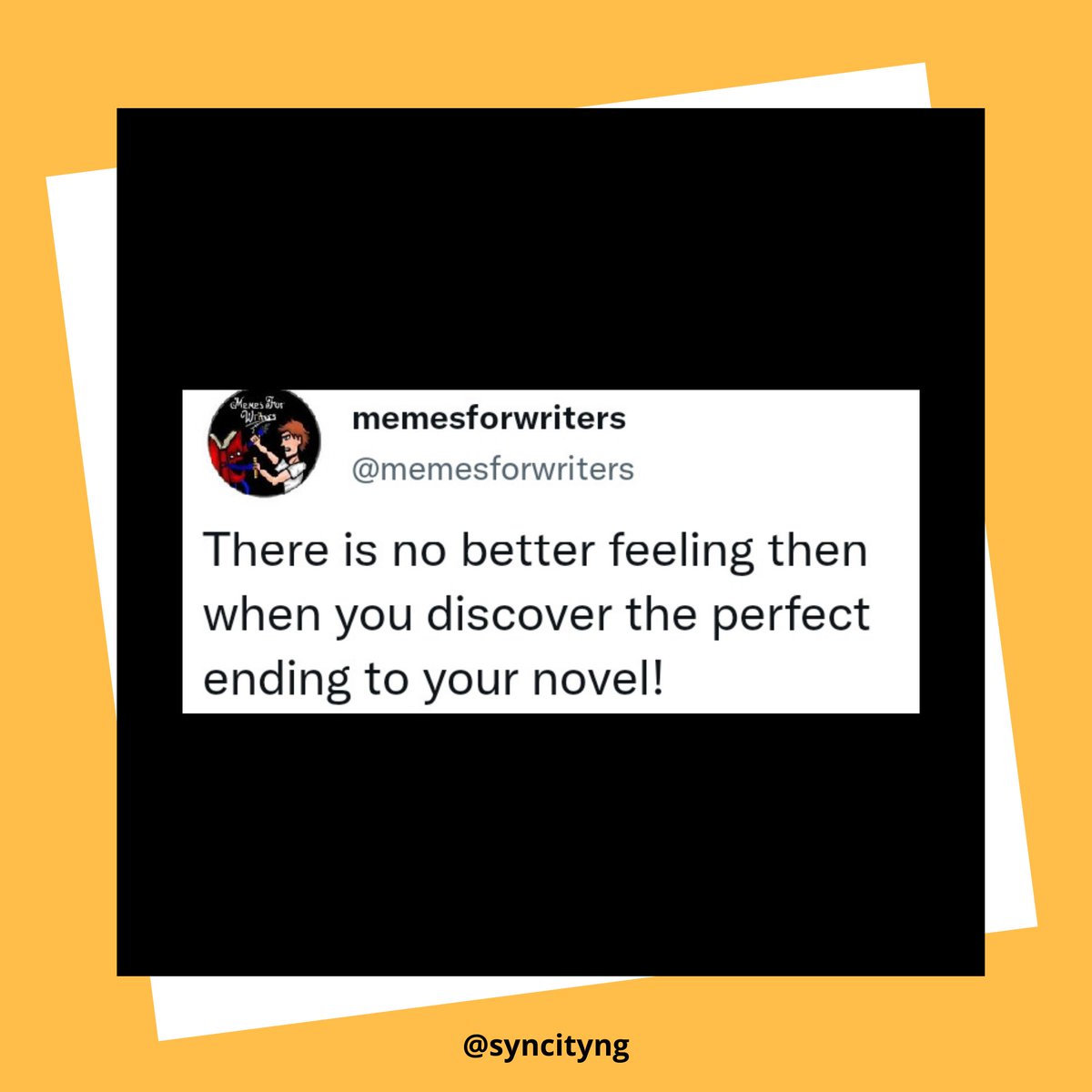 SynCityNG's tweet photo. Especially for those of us who insist on writing irregular endings!😁
Does writing a good ending come naturally to you?
Follow @syncityng for the best of African literature, tips, author spotlight and book recommendations.
#blackhistorymonth
#SyncityNG https://t.co/0PNkcTHueG