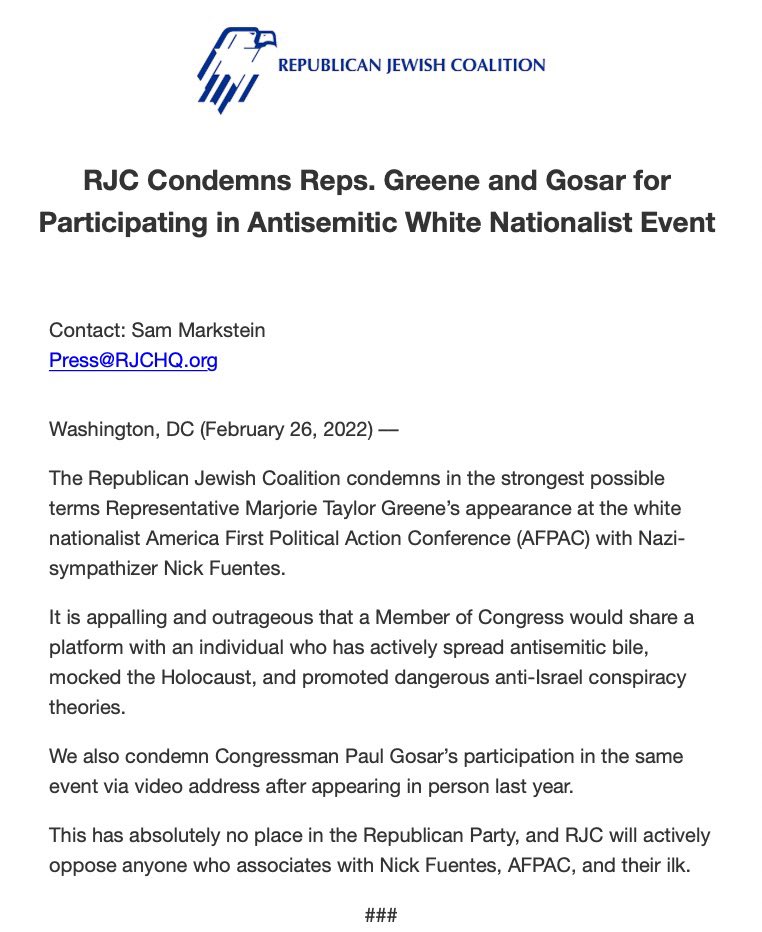 RJC's tweet image. .@RJC condemns Reps. Greene and Gosar for participating in antisemitic white nationalist event.

Full release: