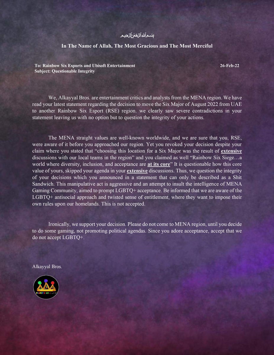 AlkayyalAhmed's tweet photo. To the mentioned below, read the attached letter.

@R6esports 
@Ubisoft 
@UbisoftME 

#ألا_بعدا_للإباحية https://t.co/i0lOcupeOr