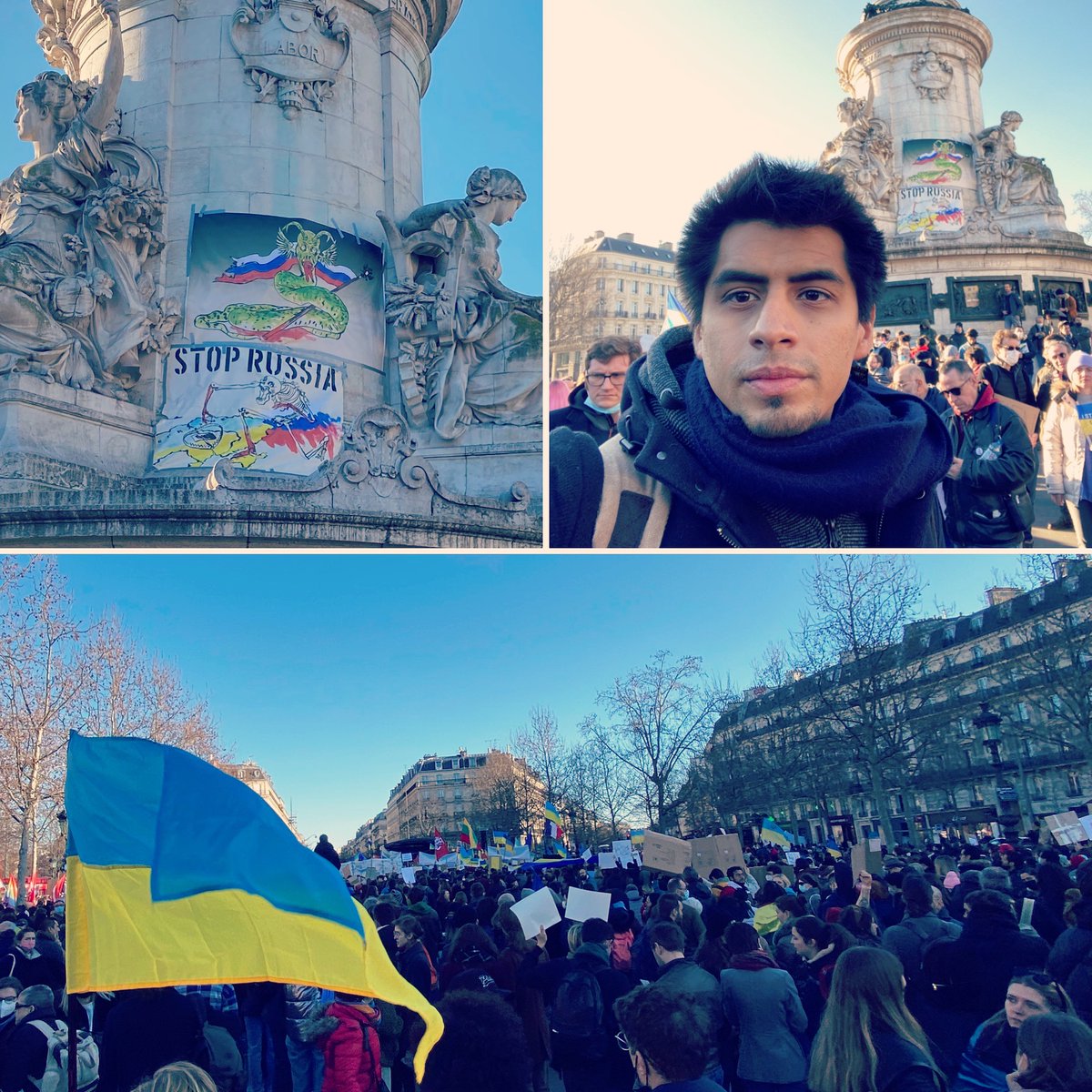 El derecho de vivir en paz. Le droit de vivre en paix. 

This afternoon in Paris, many people standing in solidarity with Ukrainians and with the thousands of Russians opposed to this war. 

#StandWithUkraine #StopWar #Ukraine #NoAlaGuerra #Republique #Paris #UkraineUnderAttack