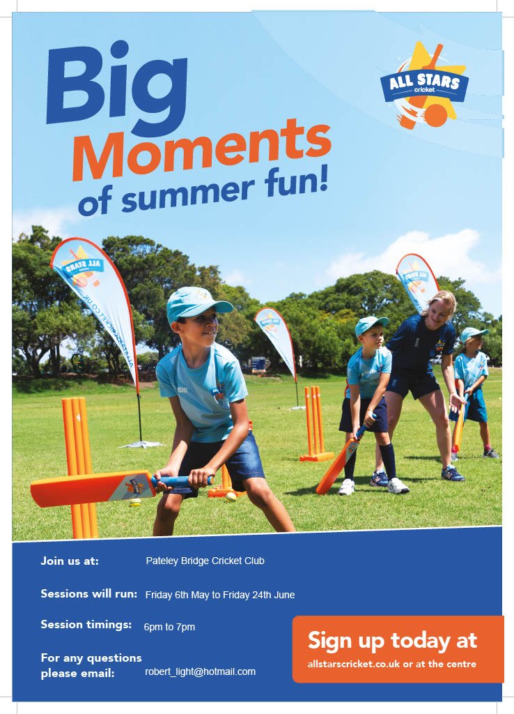 All Stars cricket for 8 to 11 year olds at Badger Park again this summer!
Indoor sessions have already started on Friday evenings, 6 to 7pm at Nidderdale Recreation Centre.
New and old young players welcome.