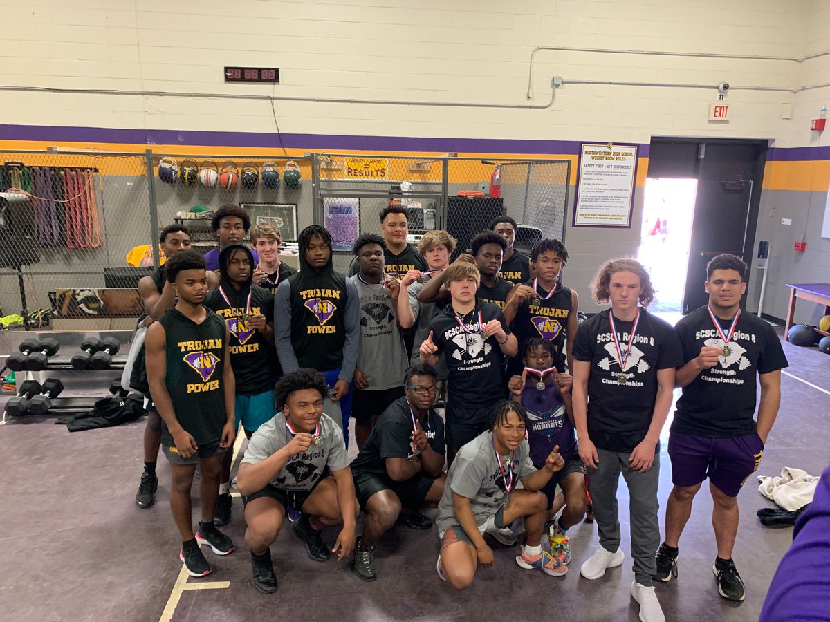 SCSCA Region 8 Strength Meet. Northwestern’s Region Champs: Jake Adams, CJ Broughton, DJ Knox Downing, Ben Gregory, Jordan Knox, Ajani Love, Will Massey, Zykeir Stripling, Huck Wofford, and Jayce Joseph.2nd: K.Chiles, J.Grant, K.Lampkin, J.Rae, T.Richard, T.Robbins.3rd J.Lightner