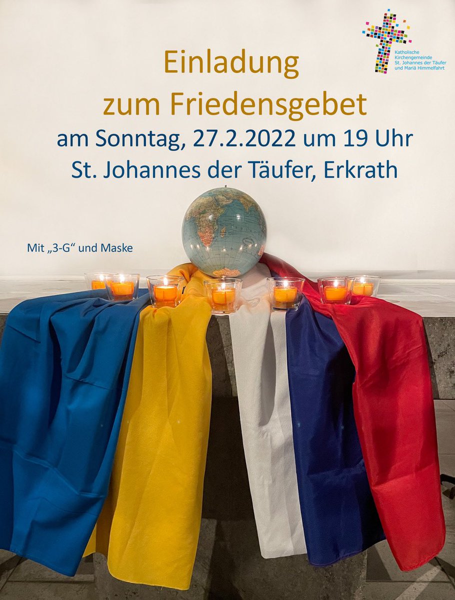 Herzliche Einladung zum #Frieden|s #Gebet in #Erkrath. Bitte denkt an eure Masken und 3G Nachweis. #PGR #@katholisch_de <a href="/Katholisch/">Katholisch</a> <a href="/Erzbistum_Koeln/">Erzbistum Köln</a>