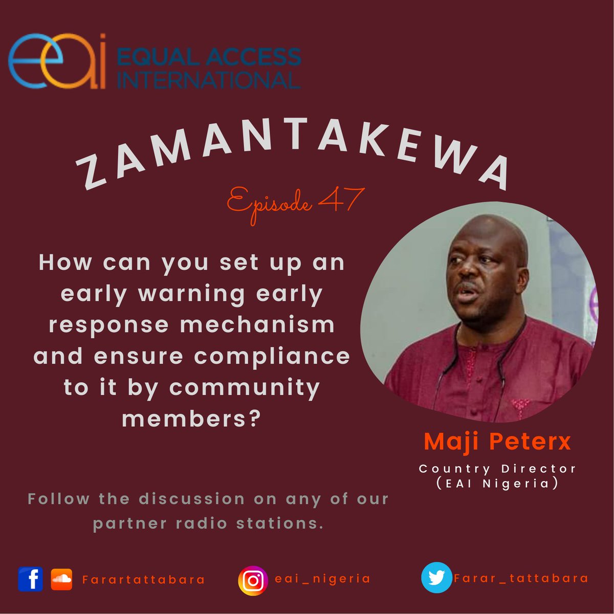 EAI_Nigeria's tweet photo. How can you set up an early warning and response mechanism in your community and ensure adherence to it by community members?

Drop your comments below and follow the radio show on freedom radio, Kano state, on

#zamantakewa
#farartattabara
#peace4arewa
#involvewomenandyouth https://t.co/U7gw22NoON