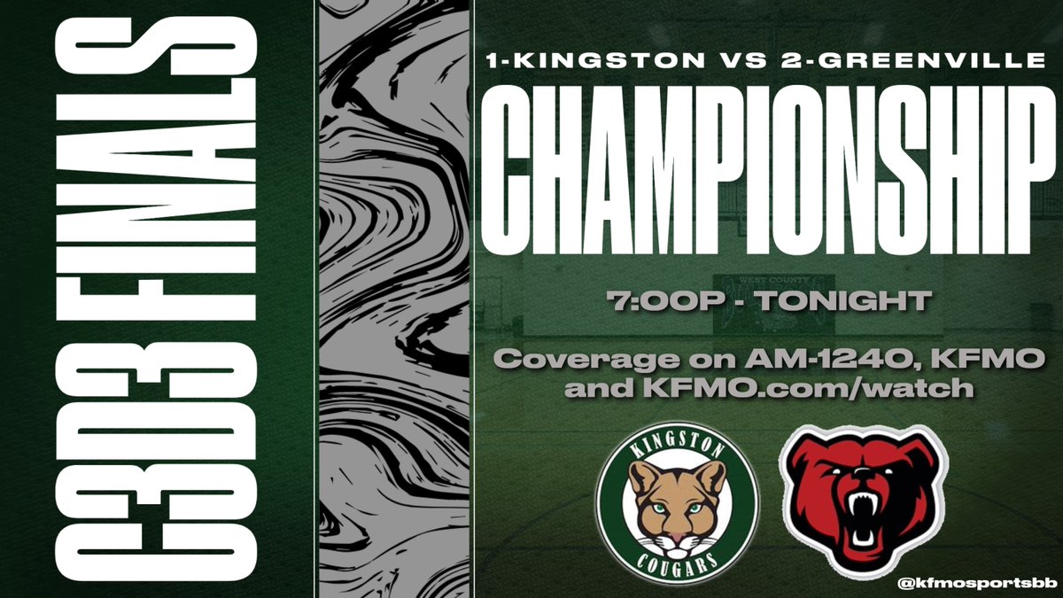 KFMO Sports (@kfmosportsbb) on Twitter photo BBB, C3D3 Finals:
History made tonight as either 1-Kingston or 2-Greenville will win their first ever district title.
Coverage at 7p on AM-1240, KFMO and live video at kfmo.com/watch.
<a href="/STLhssports/">STLhighschoolsports</a> <a href="/KingstonK14/">KingstonK14</a> <a href="/HouseHamilton1/">Coach Hamilton</a> <a href="/GreenvilleBears/">Greenville Bears</a> BBB, C3D3 Finals:
History made tonight as either 1-Kingston or 2-Greenville will win their first ever district title.
Coverage at 7p on AM-1240, KFMO and live video at kfmo.com/watch.
<a href="/STLhssports/">STLhighschoolsports</a> <a href="/KingstonK14/">KingstonK14</a> <a href="/HouseHamilton1/">Coach Hamilton</a> <a href="/GreenvilleBears/">Greenville Bears</a>