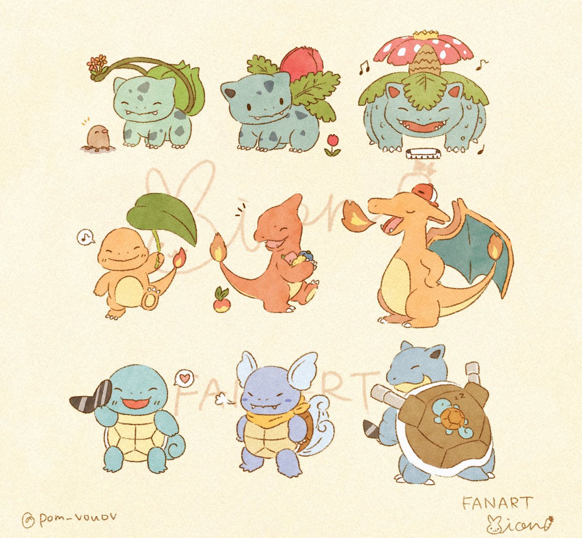bulbasaur ,charmander ,squirtle flame-tipped tail pokemon (creature) no humans musical note closed eyes fire spoken musical note  illustration images