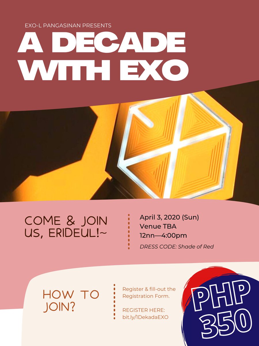 exolpangasinan's tweet photo. [ HELP RT ] Calling all Pangasinan Eris to join celebrate EXO's 10th Anniv. Meet Eris, fangirl, play games &amp; have fun!~😻

🎟️ ₱350 ONLY
📅 DP &amp; REGISTER TIL: March 6
💸 FULL: March 18

REGISTER HERE:
https://t.co/t3eg5JmXoI

#EriPang_EXODekada
#IsangDekadaWithEXO
#ADecadeWithEXO https://t.co/4Of8lLO5DR