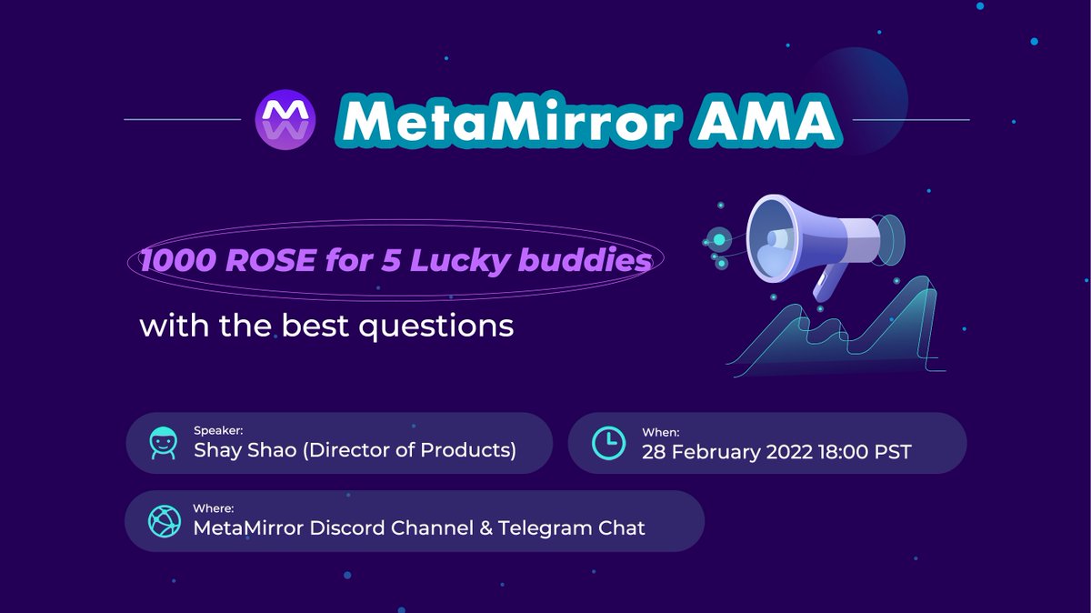 AMA with #MetaMirror @auth3_network !

Join Feb 28 at 6 PM PST. AMA at MetaMirror discord 

🤫will be revealed some utilities or secrets👀?

Join to MetaMirror discord know all the details!
discord.gg/6Rdy53MPe8

#AiroseNFT #nfts #OasisNetwork #oasisnfts