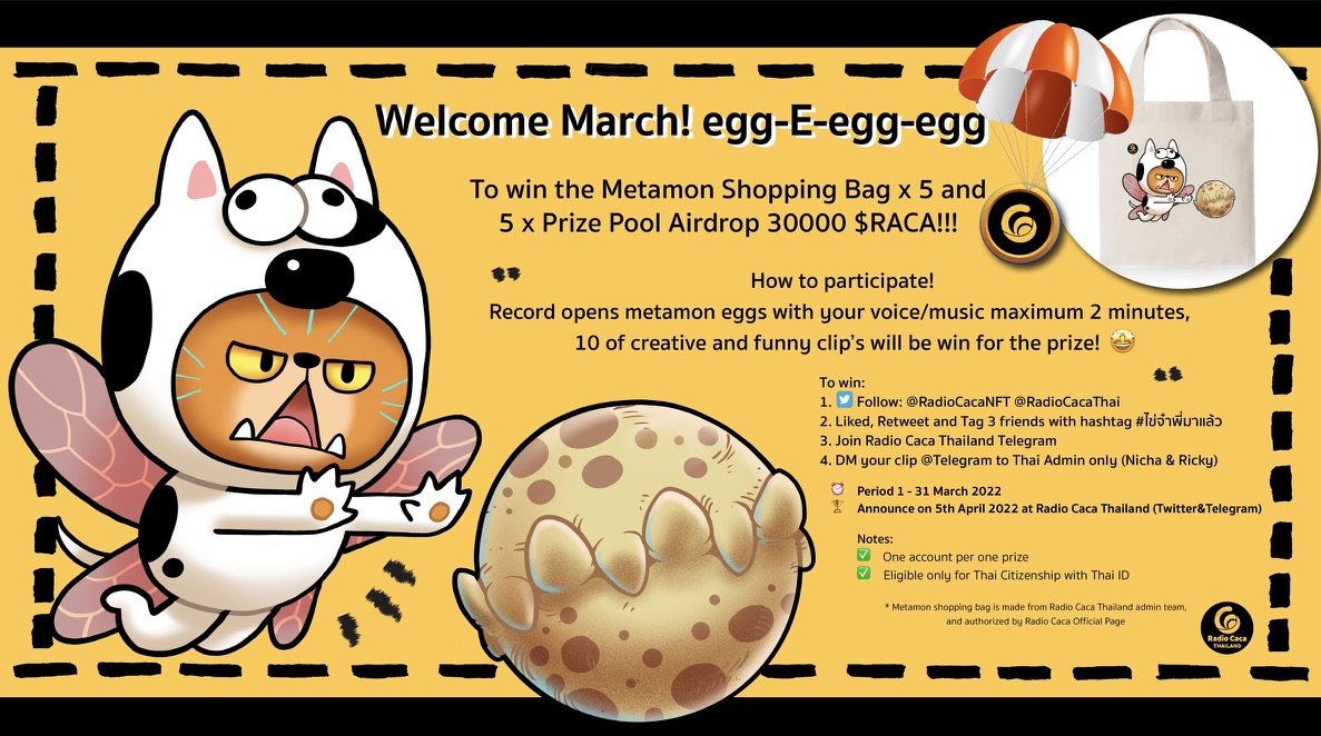 RACA_3's tweet photo. Our RACA Thailand 🇹🇭 Community is having a very fun event during March. 

Super adorable Metamon shopping bags and some #RACA Airdrop.

RACA is truly a wonderful global family. 🌍

Participation Details 👇
#Metamon #Metaverse #NFT @USMverse @JazChain 
#Thailand #thai https://t.co/XGk1yluwZQ