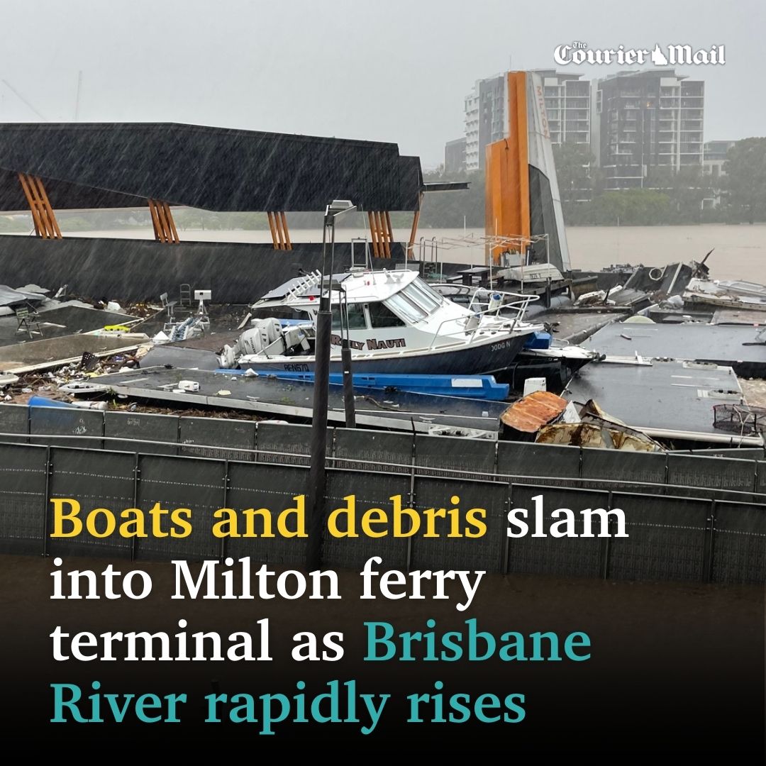 couriermail's tweet photo. This is Milton ferry terminal right now 😱 Boats and debris have slammed into the popular terminal as the flood-swollen Brisbane River rapidly rises. More intense rainfall and 'life threatening flash flooding' is expected for Brisbane. Read full story 
https://t.co/GqHfkRD3cQ https://t.co/H6ugha0fEp