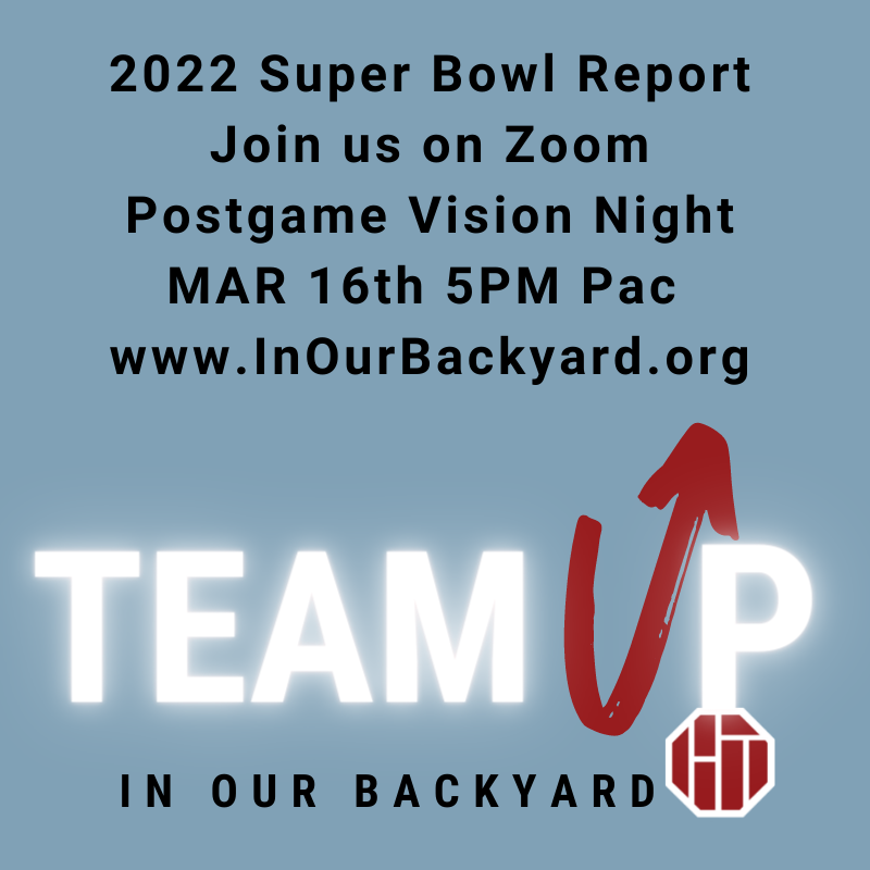 It's official! The 2022 IOB Super Bowl Report Drop! Join us March 16th 5:00PM Pacific on Zoom or Facebook Live to celebrate, invite below!
Visit InOurBackyard.org 

Read 2022 Report: inourbackyard.org/wp-content/upl…

Register for Postgame Vision Night here: tinyurl.com/iobsuperbowllv…