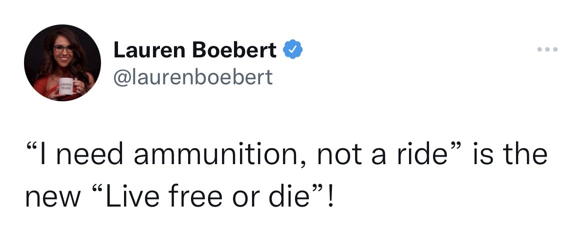 Gun-fetishist @laurenboebert and her fellow seditionists and traitors supported and cheered on the guy who tried to extort the man she's quoting, who's trying to defend his home. And they cheered on the despot who's trying to kill him.
Sit down, Lauren, before you hurt yourself.