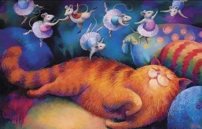 Мечтающая кошка. Цветные сны. Волшебный кот. Кот иллюстрация. Сказочные коты.
