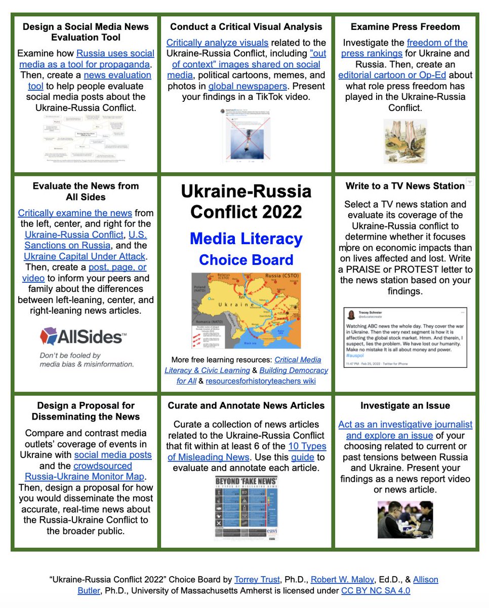 Looking for a way to engage students in investigating and asking thoughtful questions about the Ukraine-Russia Conflict? Here's a critical media literacy choice board you can use: docs.google.com/document/d/1Yo…

Make a copy to remix: docs.google.com/document/d/1Yo…

#edtech #edchat #sschat