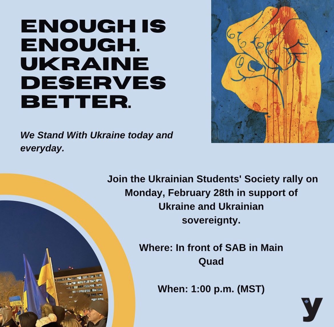 The Ukrainian Students’ Society is hosting a rally for Ukraine at #ualberta main quad on Monday the 28th. 🇺🇦 🇨🇦 

If you want to come to a real freedom protest against real tyranny in Edmonton, come join me there ⬇️⬇️
#abpse #Yeg #StandWithUkraine